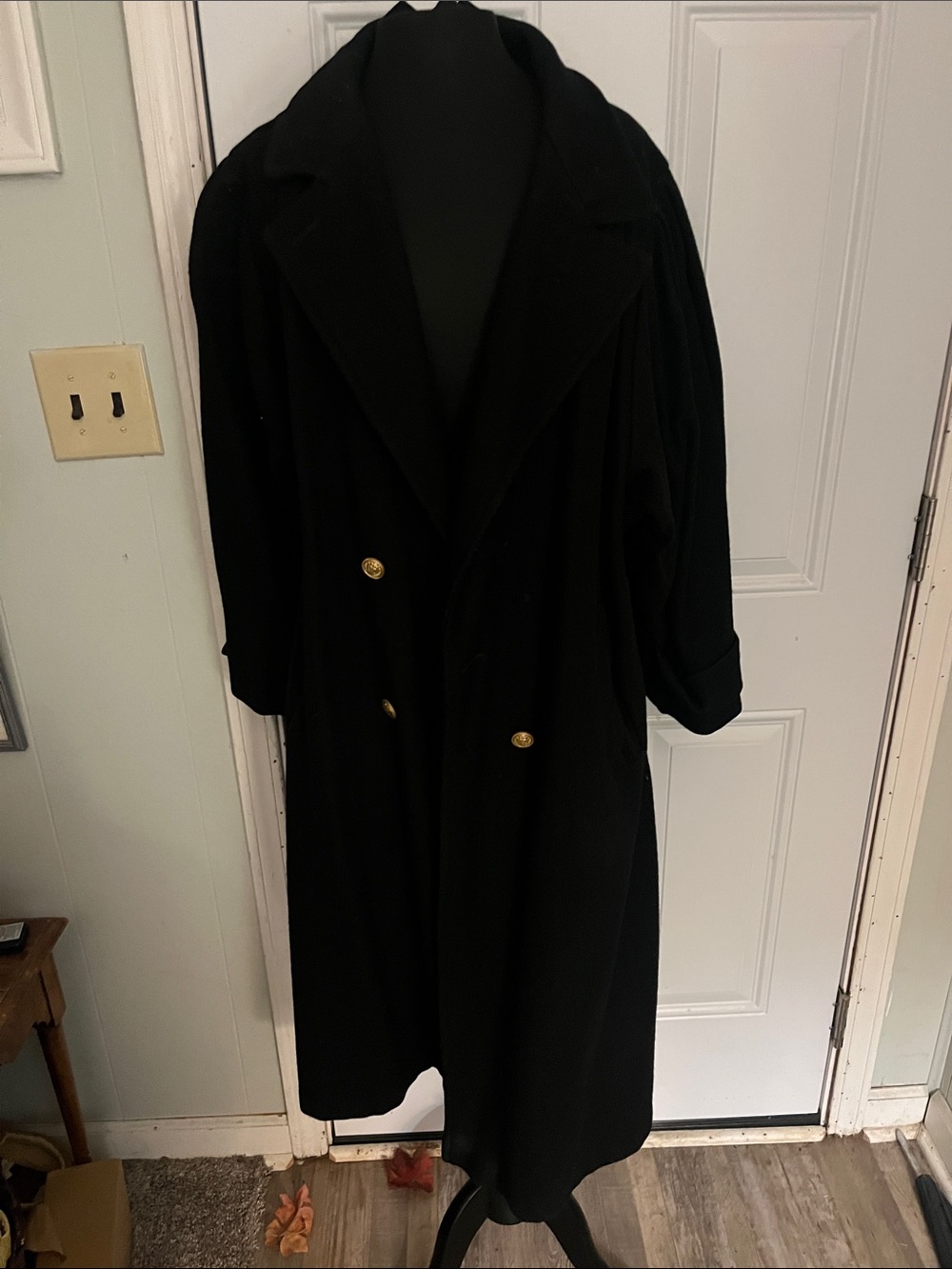 Russell Athletic Black Double-Breasted Long Pea Coat with Gold Buttons